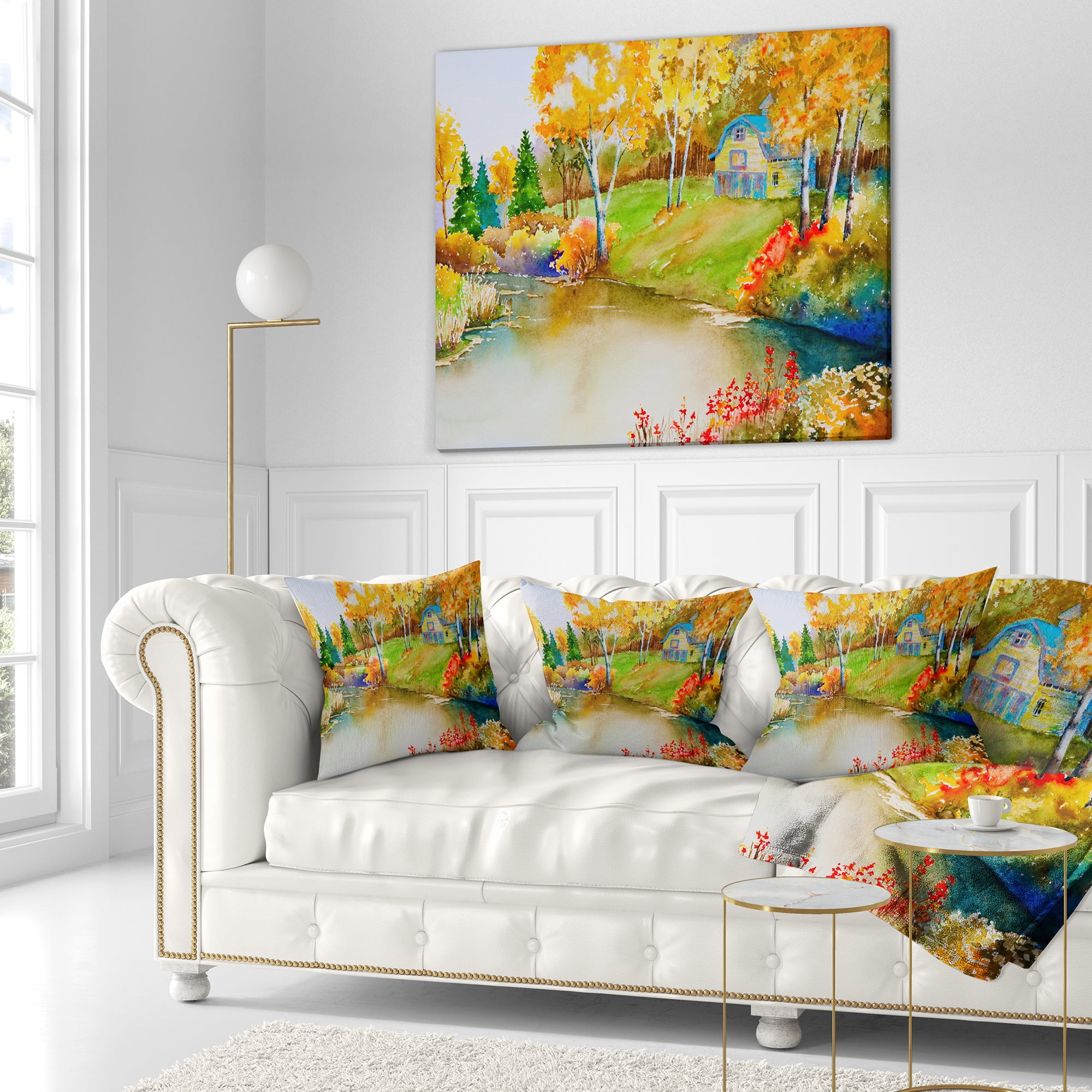 Designart House and Quiet Pond in Fall - Landscape Printed Throw Pillow - 16x16