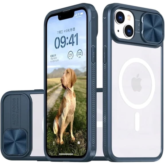 Slide Camera Lens Acrylic Magnetic Wireless Charging Case for iPhone 16 15 14 Plus 13 12 11 Pro Max Xr X S 7 8 Cover(for iPhone 15 Plus/Navy)