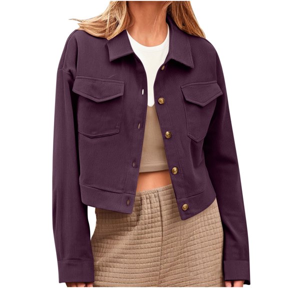 PFRNLF Fall Jackets for Women Cropped Corduroy Shacket Trendy Button Long Sleeve Coats