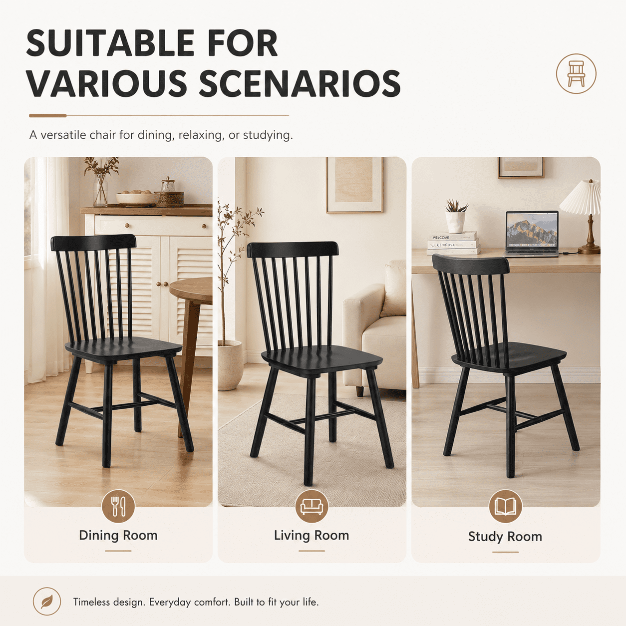 Fancrou Farmhouse Windsor Dining Chairs Set of 4, Spindle Back Wood Chairs for Kitchen and Living Room, Country Style Restaurant Seating, Black