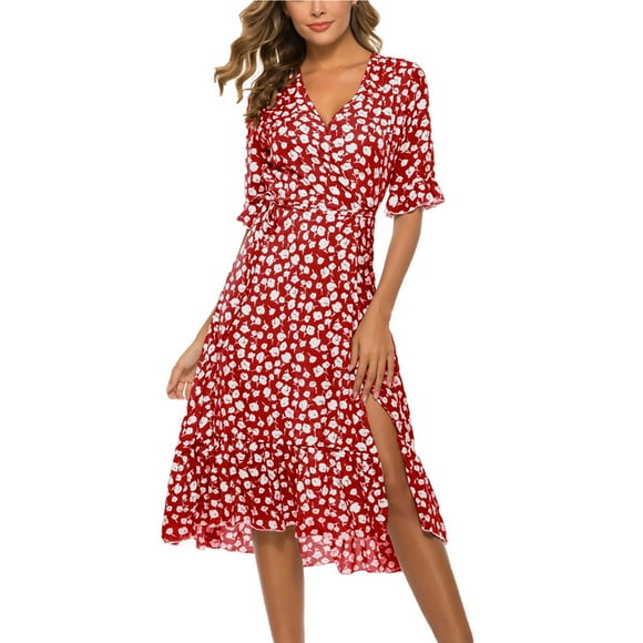 Summer Dresses 2023 Fashion Women Summer Casual Print Dress V-Neck Short Sleeve Loose Dress Date Night Dress on Clearance