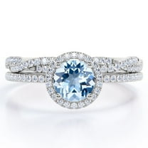 JeenMata Four-Prong Halo Setting 1.75 Carat Round Brilliant Cut Brazilian Created Aquamarine and Moissanite Pave Infinity Bridal Ring Set in 18K White Gold Plating over Silver