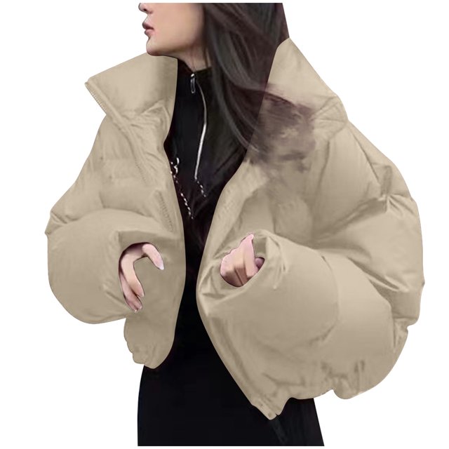 Chaquetas y abrigos casuales sin capucha de manga larga para mujer, abrigo de moda con bolsillo y cremallera, chaqueta larga de invierno de algodón con plumón de manga larga para mujer