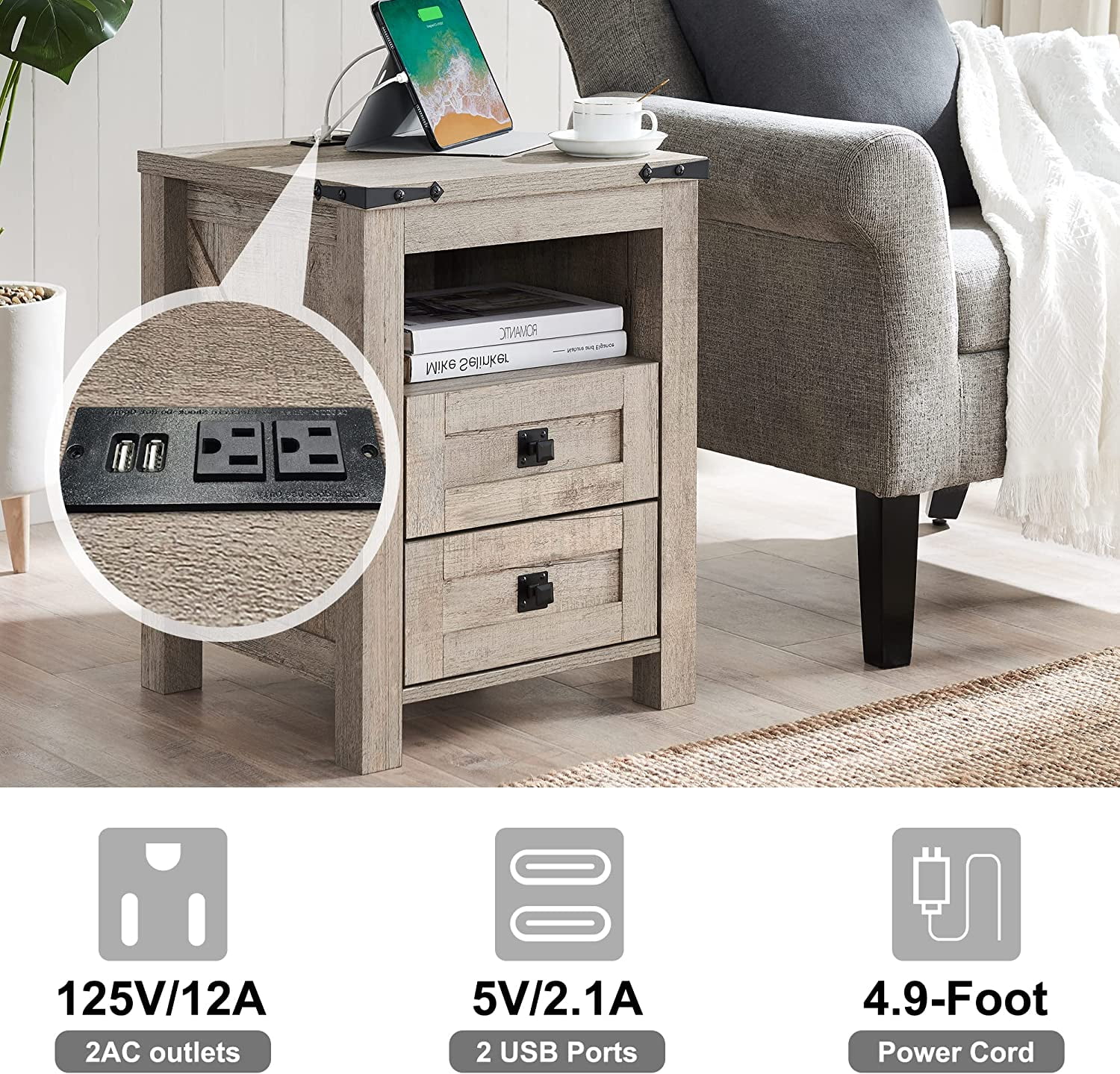 OKD Farmhouse Nightstand with Charging Station for Bedroom, 2-Drawer Rustic End Tables for Living Room, Light Rustic Oak