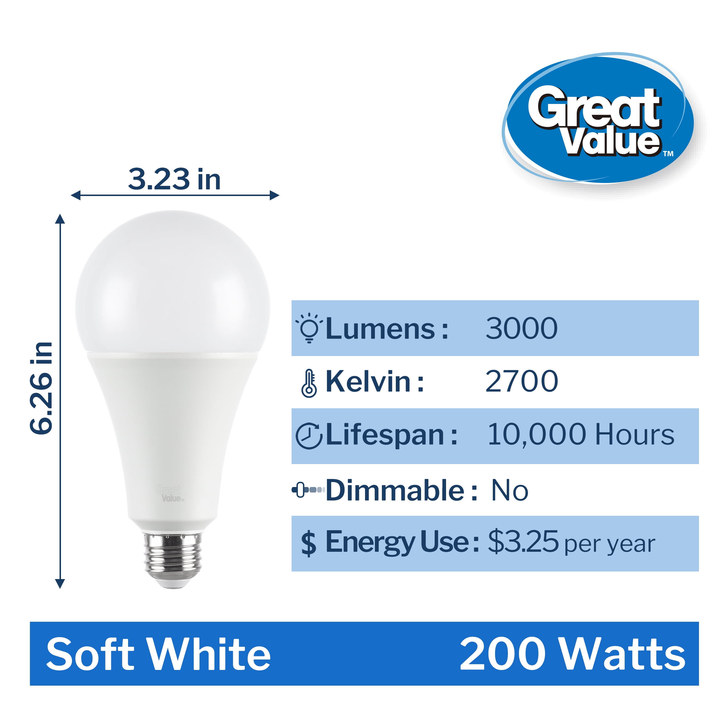 (2 pack) Great Value High Output A23 LED Light Bulb, 27-Watt (200W Equivalent), Soft White, E26 Medium Base