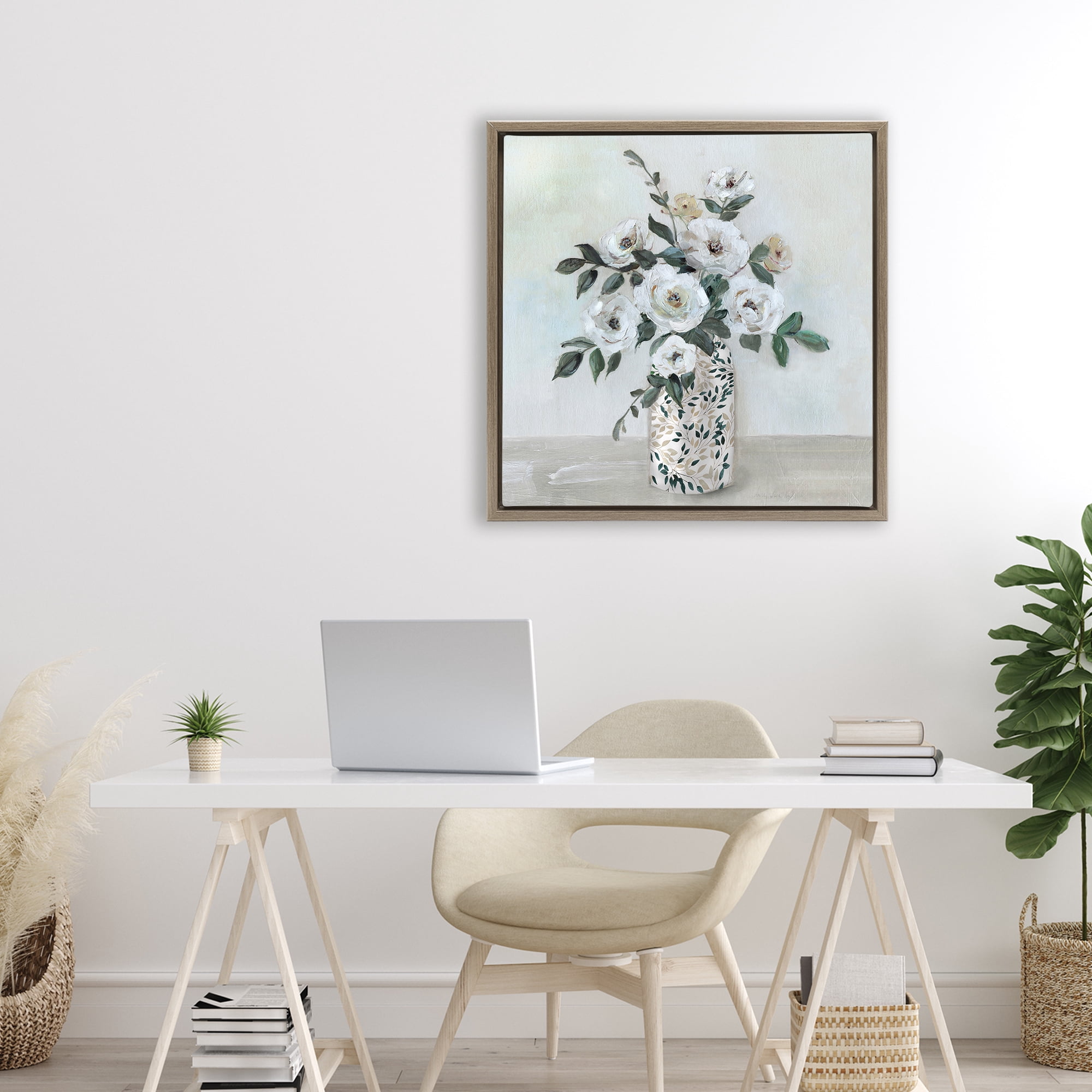 Stupell Industries Leaf Patterned Flower Vase Brown Framed Floater Canvas Wall Art, design by Sally Swatland