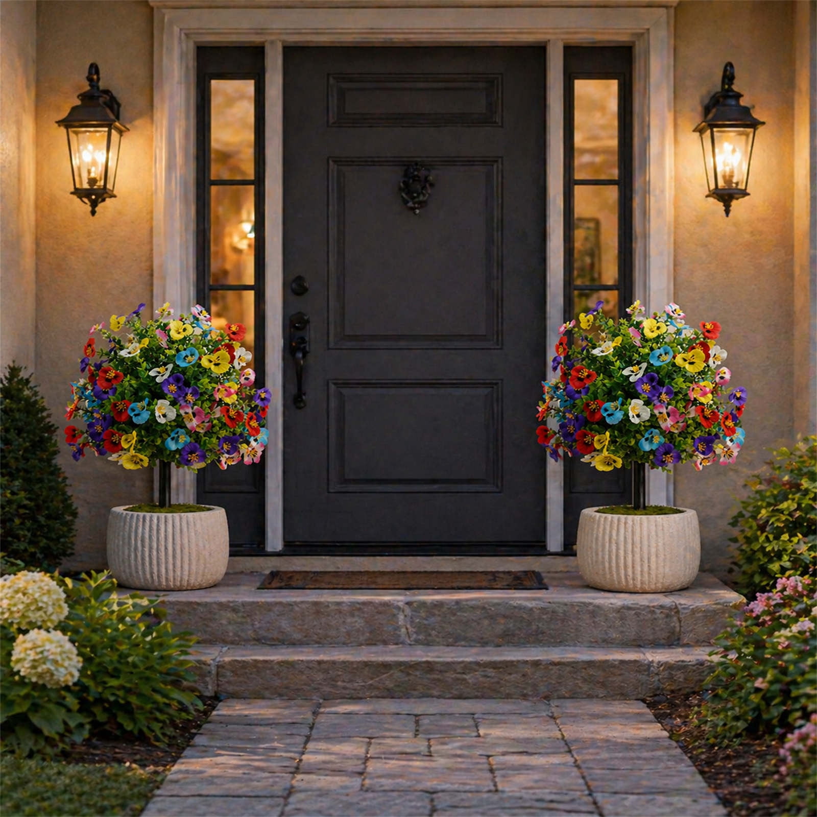 Artificial Flowers for Outside,Flower Sticks,Artificial Boxwood Topiary Ball Bushes with Violet Flowers Outdoor Plants with Ground Spike,22IN(C)