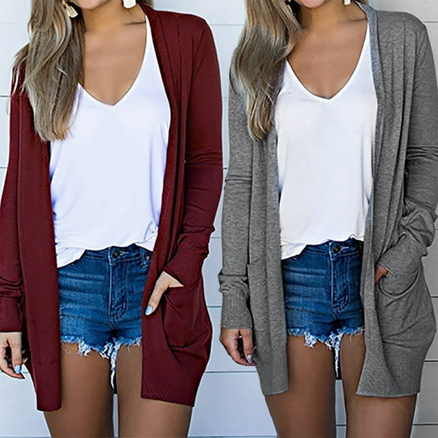 Eryao Womens Cardigans Lightweight Open Front Long Sleeve Solid Color Sweaters with Pockets,Wine,M