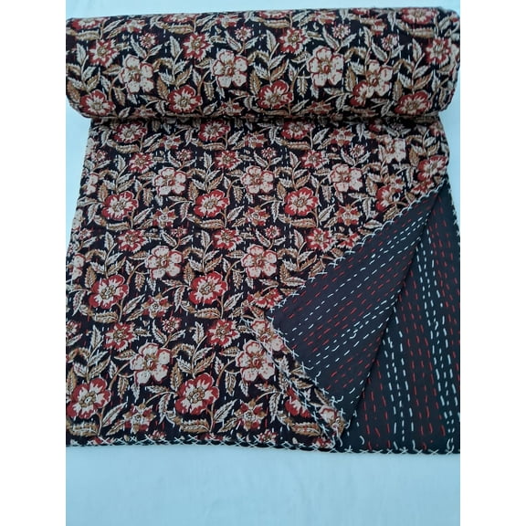 Indian Handblock Print Bedding Bedspread Quilt Hand Stitched Quilt Netural Colored Kantha Quilted Rare find kantha quilt A And E Textiles House