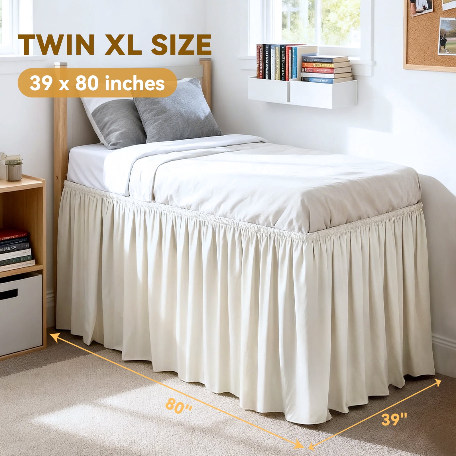 Beige Bed Skirt for Dorm Twin XL - 32" Drop Extra Long Wrap Around Elastic, Easy Install & Machine Washable Dust Ruffle