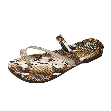

Youmylove Women Slide Slippers Fashion Summer Snakeskin Leather Rhinestone Pearl Decorative Flat Toe Slippers Comfort Cozy Leisure Daily Walking