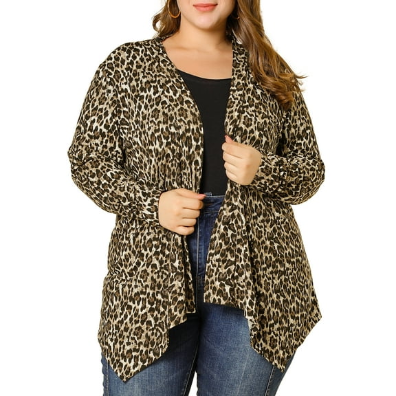 Agnes Orinda Women's Plus Size Cardigans Leopard Floral Printed Open Front Lightweight Jacket Fall Knit Cardigan 3X Brown