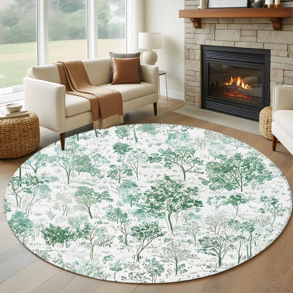 Round Rugs 6Ft, Green Botanical Round Area Rug Washable Indoor Throw Carpet, Watercolor Spring Floral Summer Soft Non Slip Circle Rug for Office Cabinet Home Decor Aesthetic