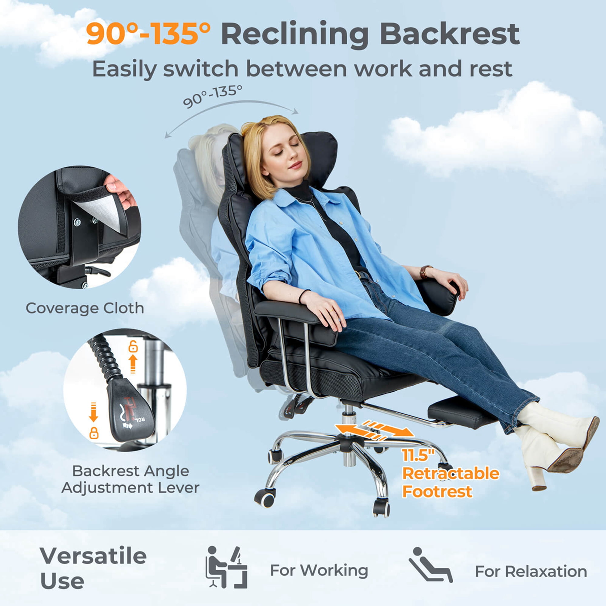 Costway Office Desk Chair Big and Tall Executive Office Chair with Footrest Lumbar Support Black