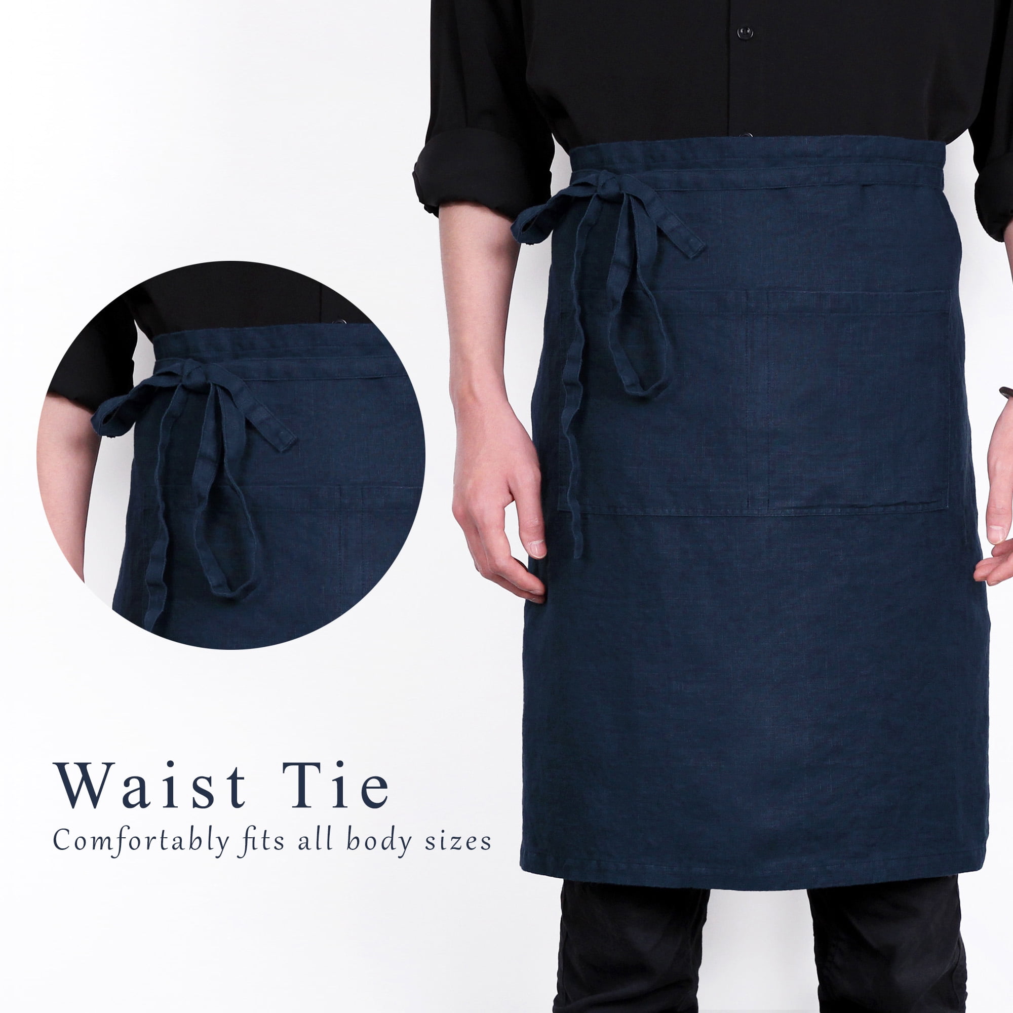 100% Linen Bistro Apron with Pockets 25x35 inch - Unisex Half Apron - Navy