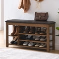 thumbnail image 3 of GZXS Vintage Shoe Bench with Rubberwood Frame, PU Leather Cushioned Seat, Flip-Top Hidden Storage and Open Shelves, 39.5"L x 12"W x 22"H, Brown, 3 of 9