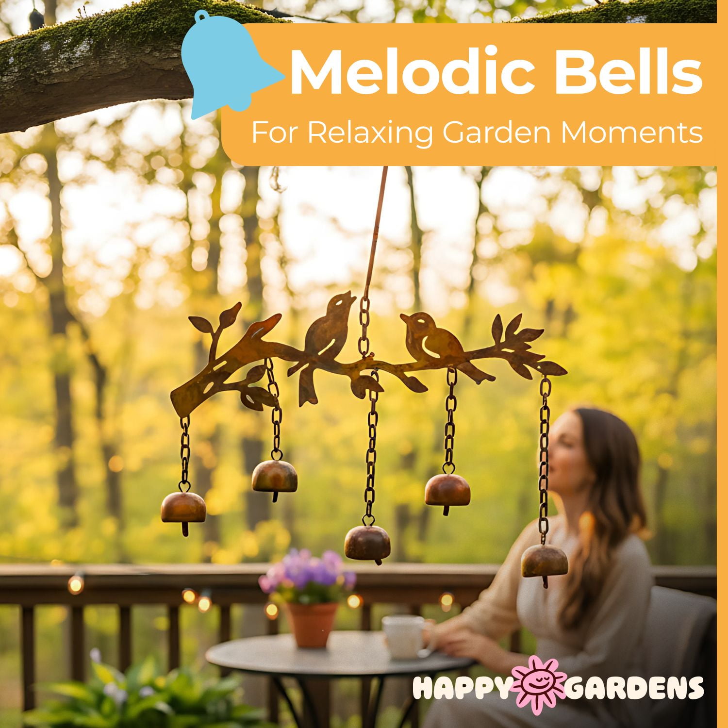 Happy Gardens Bird Wind Chimes with Bells | 5 Suspended Bells Windchime with Birds Garden Decor | Mothers Day Outdoor Gifts & Backyard Decorations