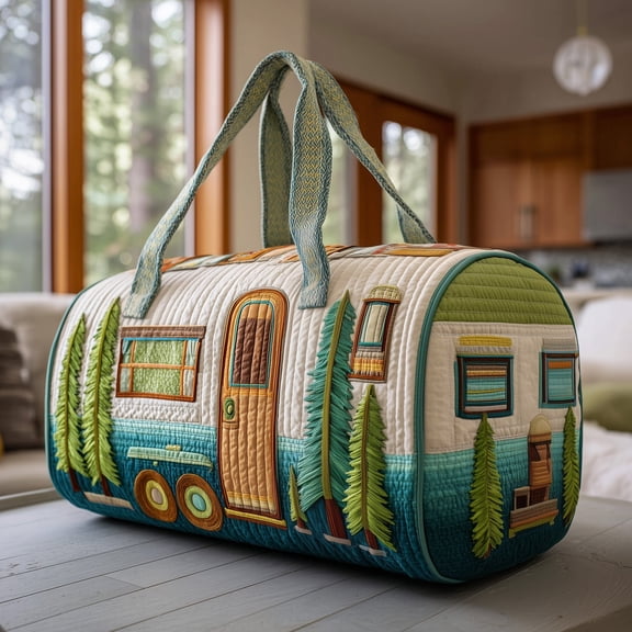 Cozy Camper Trailer Quilted Duffle Bag, Quited Travel Tote Bag, Quited Weekender Travel Bag, Carry On Duffle