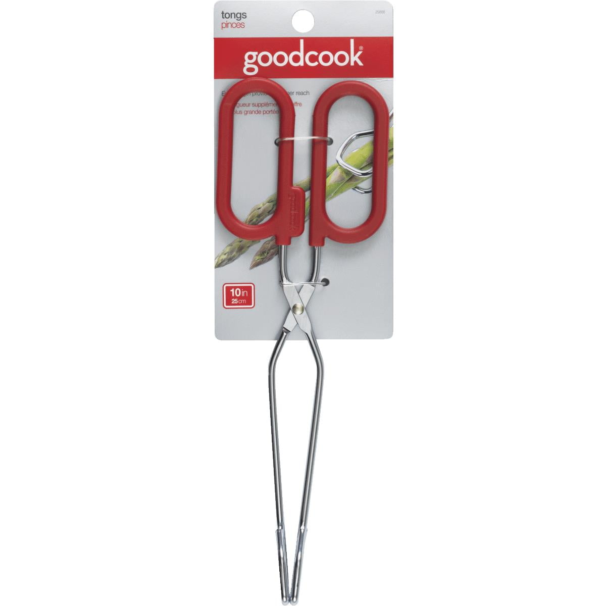 (3 pack) GoodCook Kitchen Loop Tongs 10", Chrome, Silver/Red