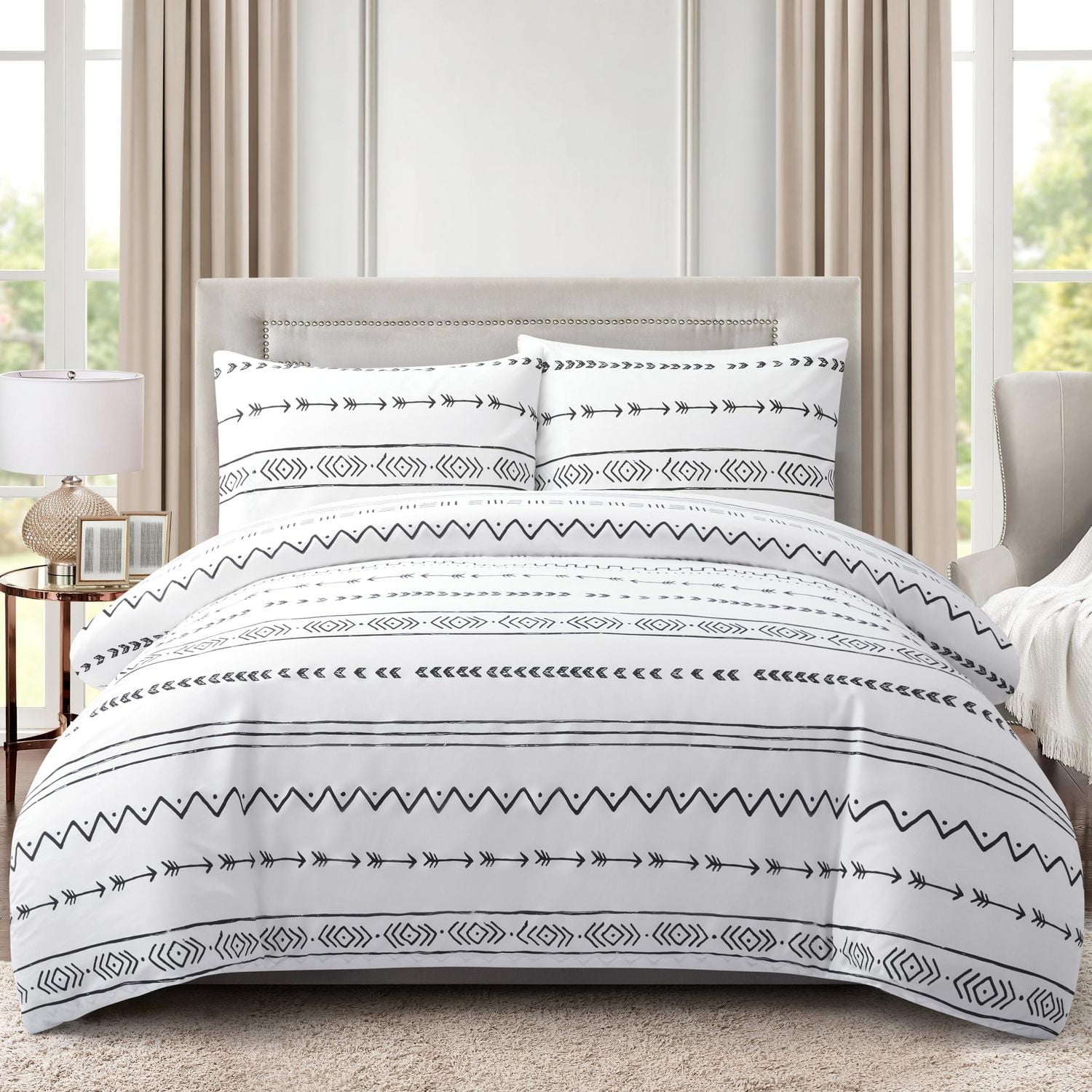 Marina Decoration Ultra Soft Silky Zipper Rich Printed Rayon from Bamboo All Season Duvet Cover Set with Pillowcases, Simplify Modern Geometric Pattern