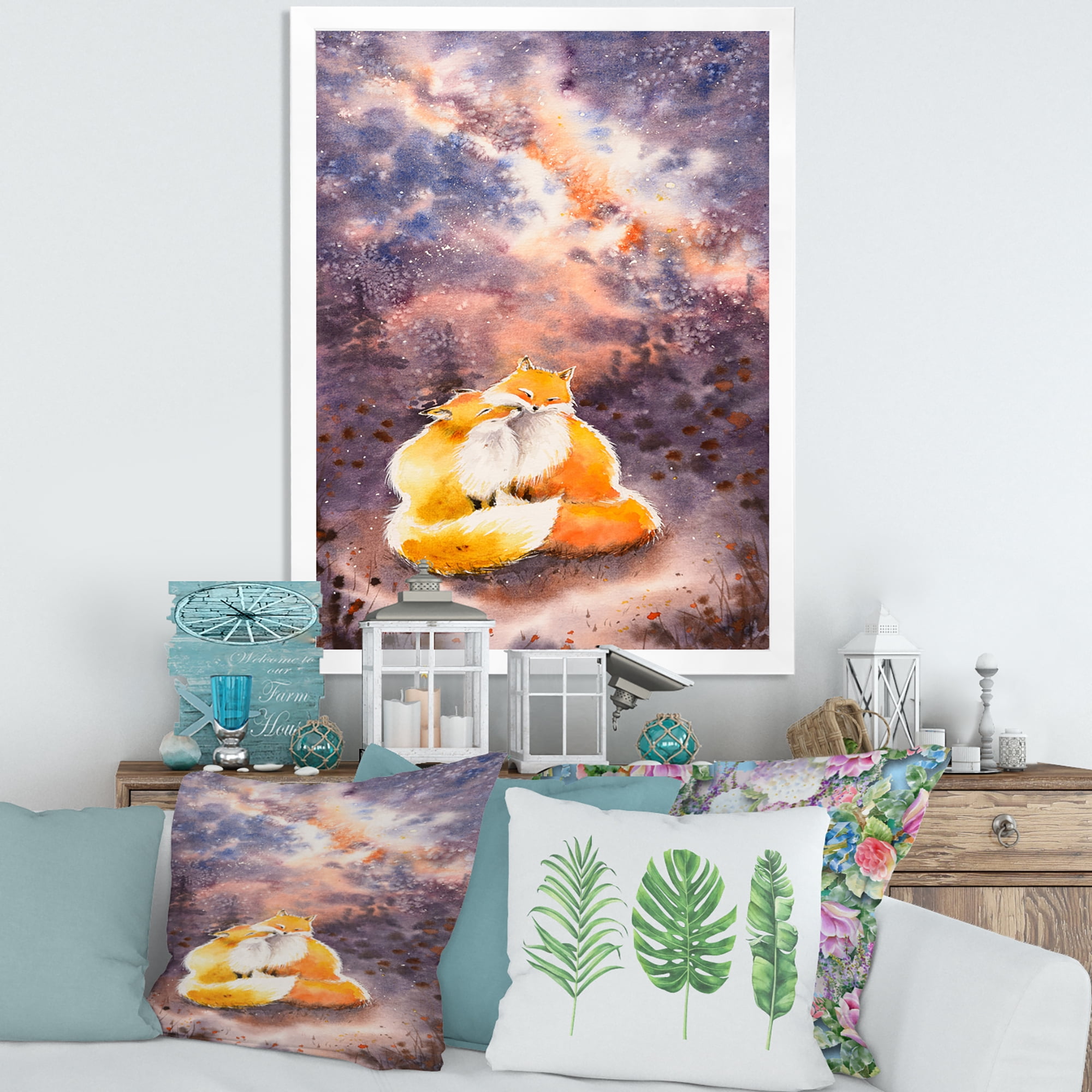 Designart 'Foxes Over A Night Sky Hugging ' Children's Art Framed Art Print