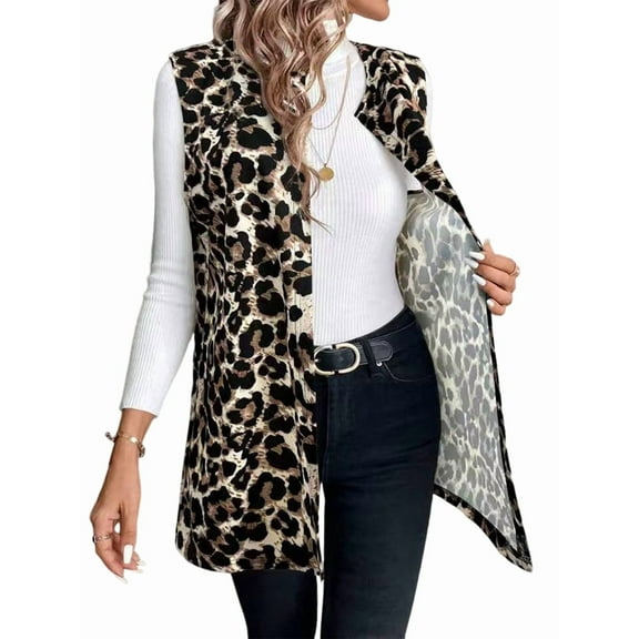 Women'S Leopard Print Open Front Vest Outerwear Sleeveless Vintage Jacket Coat Khaki S