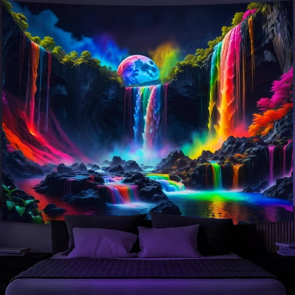 Simpkeely Blacklight Fantasy Waterfall Planet Tapestry UV Reactive Nature Tapestry Neon Landscape Mountain Wave Tapestry Wall Hanging - 51.2" x 59.1"