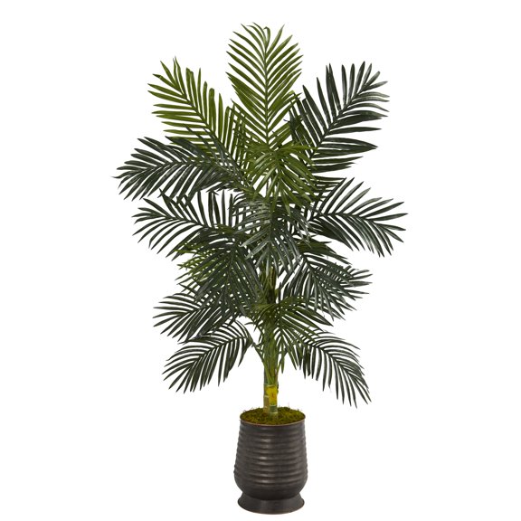 Nearly Natural 62in. Golden Cane Artificial Palm Tree in Ribbed Metal Planter