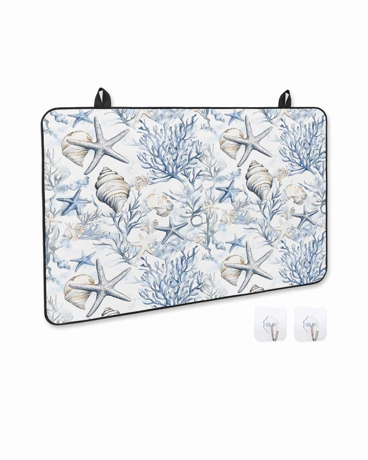 nqOlkjepod Large Induction Cooktop Protector Mat 36"x21", Blue Coastal Stove Top Covers for Electric Stove, Ocean Coral Starfish Conch Sea Watercolor Stove Burner Cover Mats, Glass Top Stove Cover