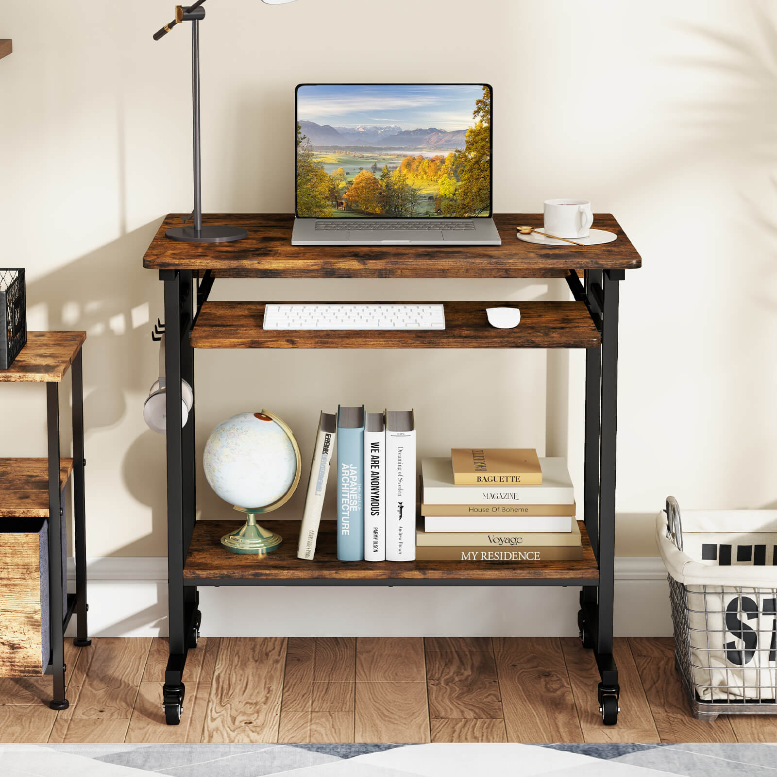 Costway Mobile Laptop Desk with Keyboard Tray, Lower Shelf, 3 Hooks, 4 Universal Wheels Rustic Brown