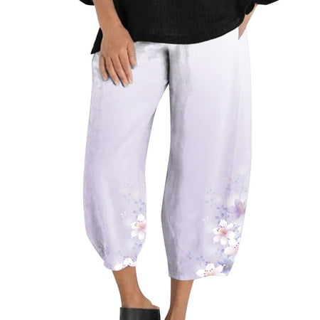 

Coopserbil Women Gradient Floral Print Loose Elastic Cotton Linen Pocket Cropped Pants Pants plus Size plus Size Scrub Pants