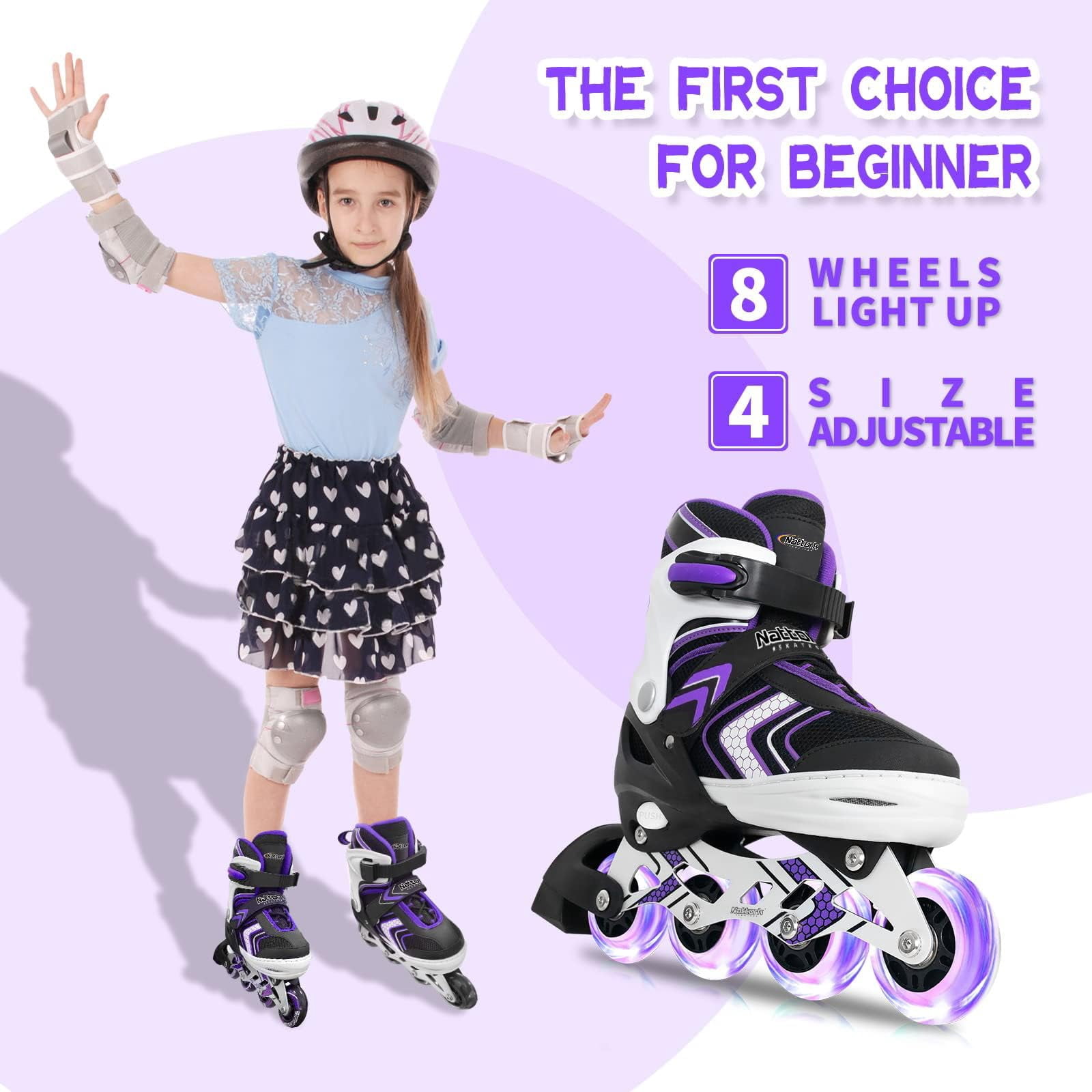 MammyGol Light Up Skates for Kids Girls Boys，Adjustable Inline Skates Youth Beginner Outdoor Purple 5-8