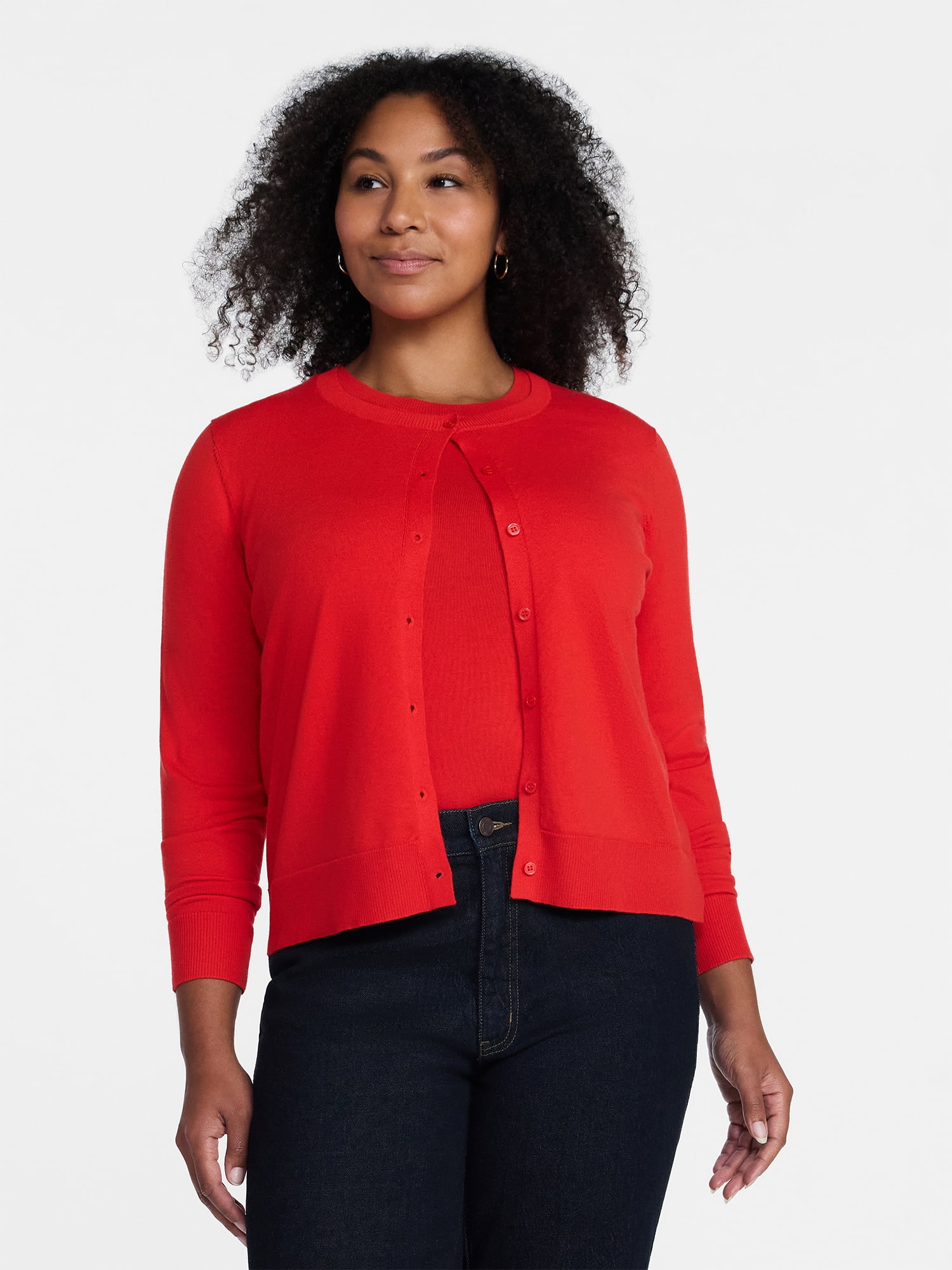 Time and Tru Women's Fine Gauge Cardigan Sweater with Long Sleeves, Lightweight, Sizes XS-XXXL