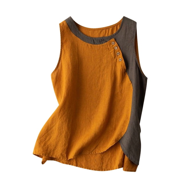 Débardeurs en Coton et Lin à Blocs de Couleur pour Femmes, Col Rond, Sans Manches, Blouse Légère, Ample, Décontractée, Tunique Basique