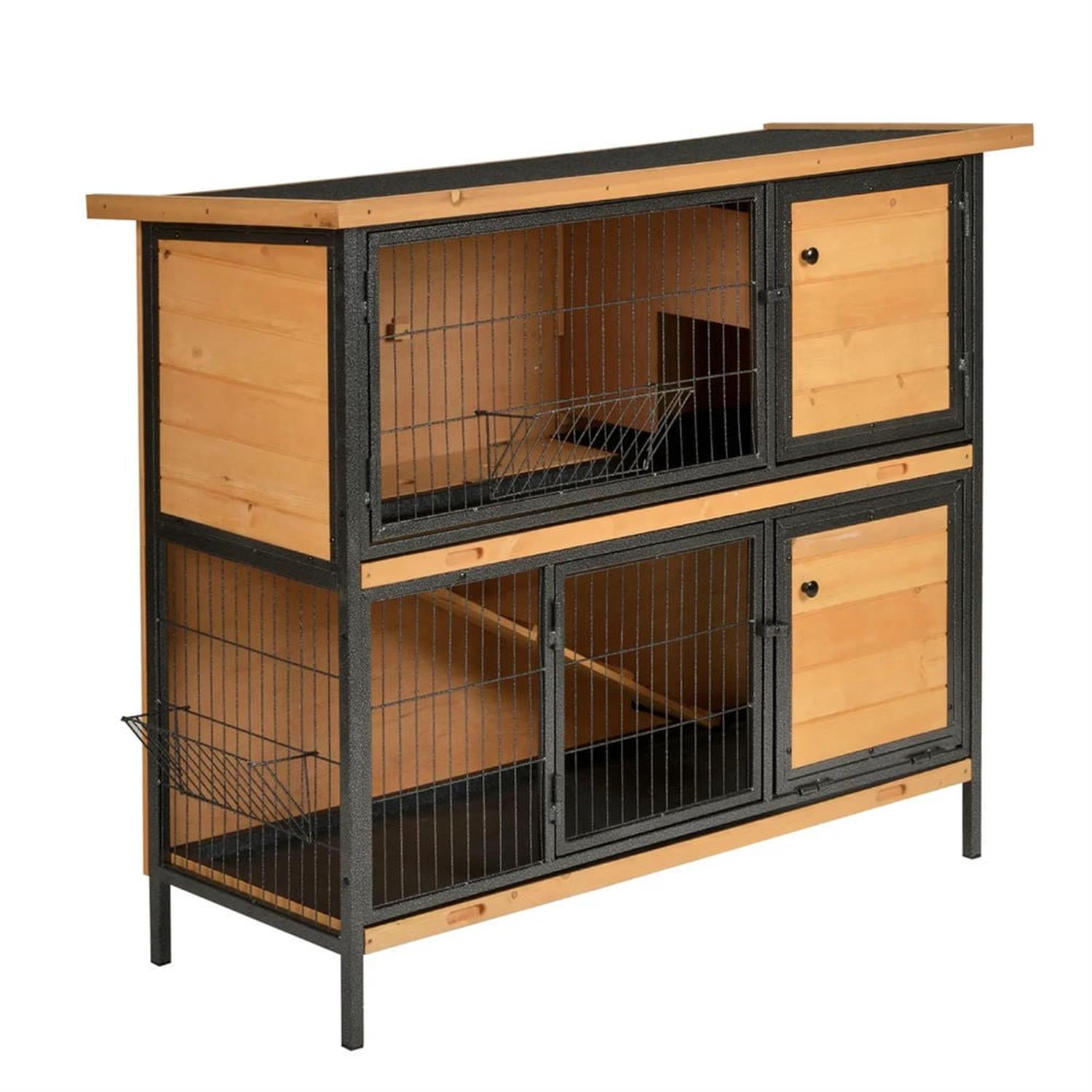 Kadyn 48" 2-Story Wooden Rabbit Hutch with Slide-out Tray, Outdoor Small Animal Habitat Enclosure Bunny Cage for Bunnies, Guinea Pigs, Beige