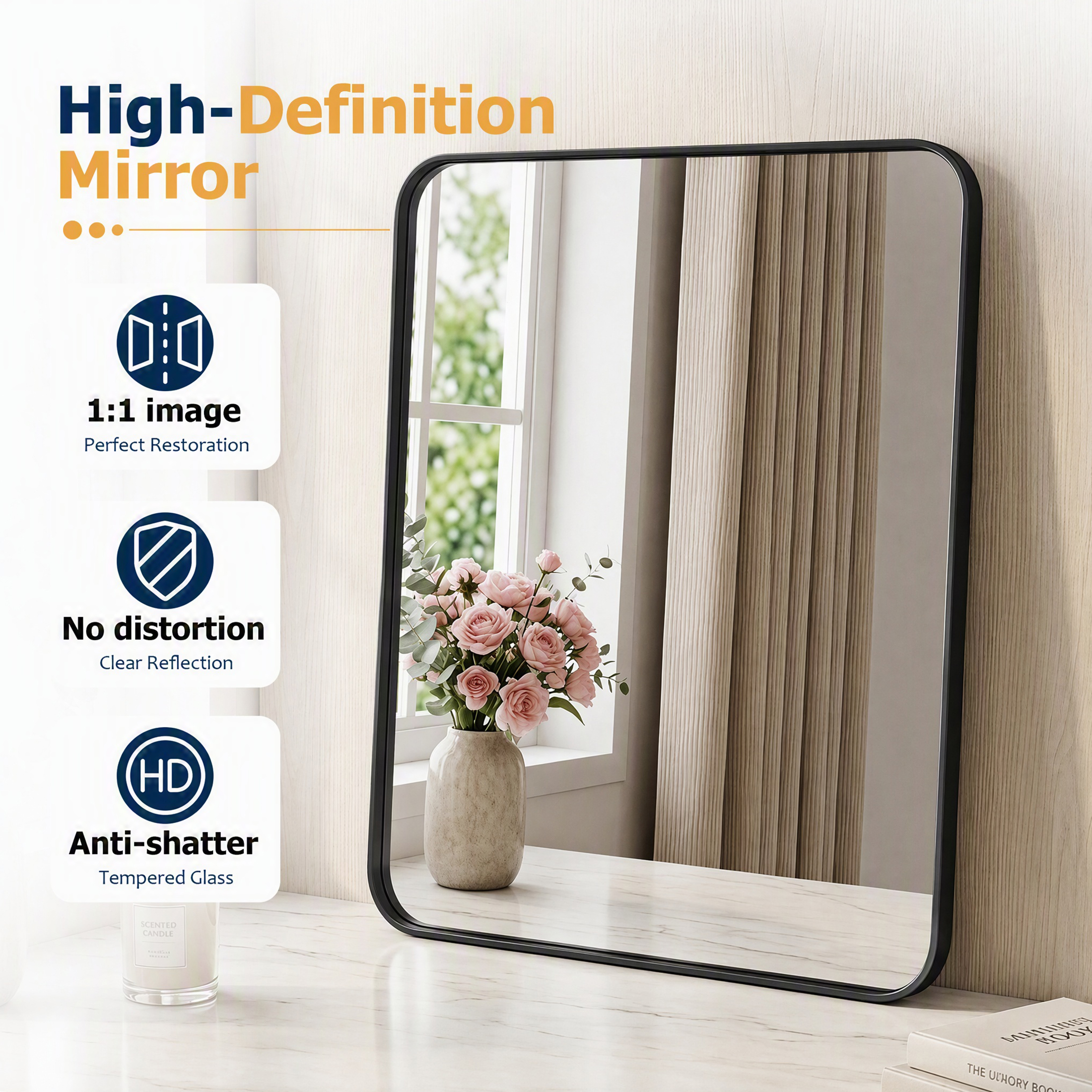 EDX Rectangular Bathroom Mirror with Metal Frame, Black photo 5