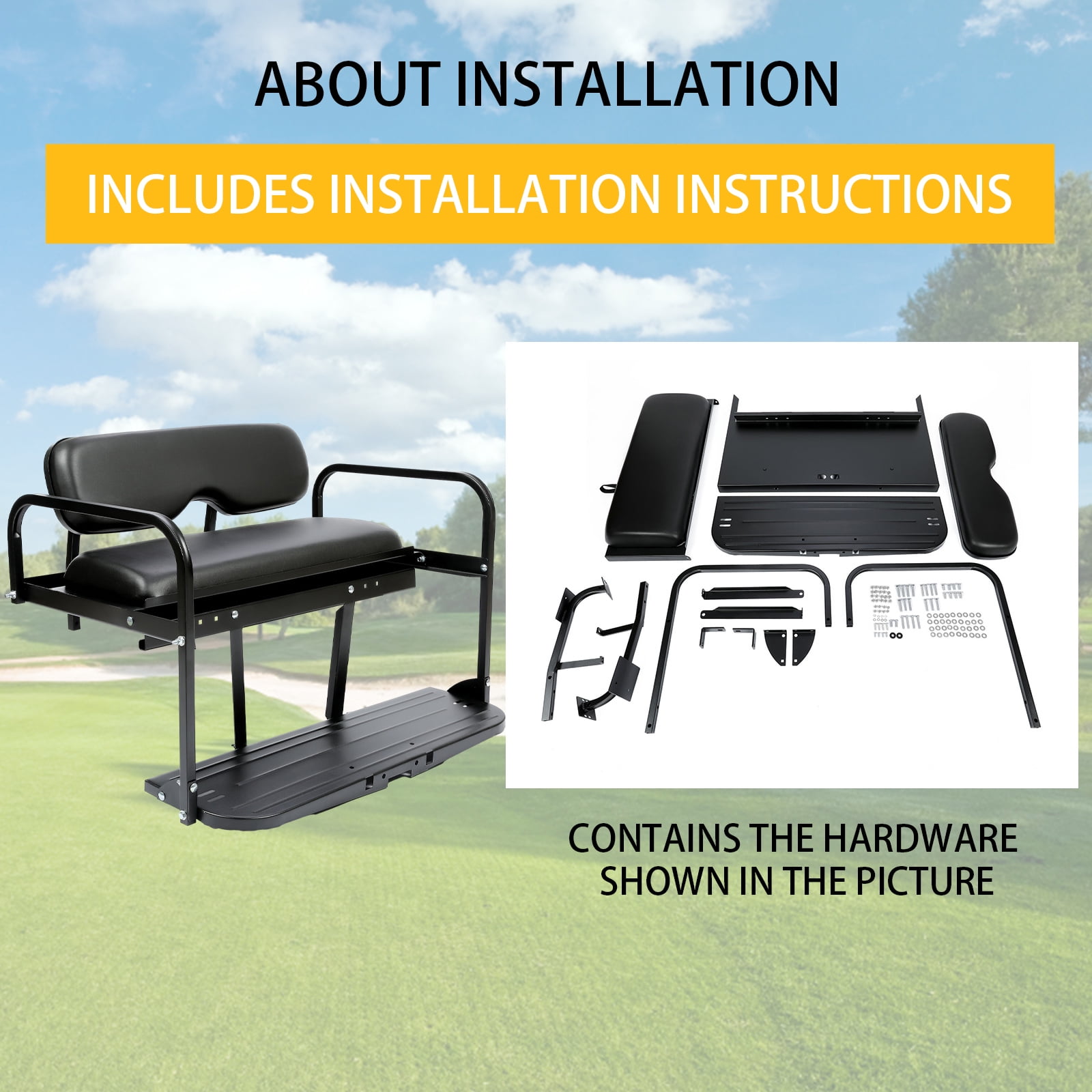 Kojem Rear Seat for Pre-1994 EZGO Marathon Golf Cart Flip Folding Rear Seat Back Kit Black