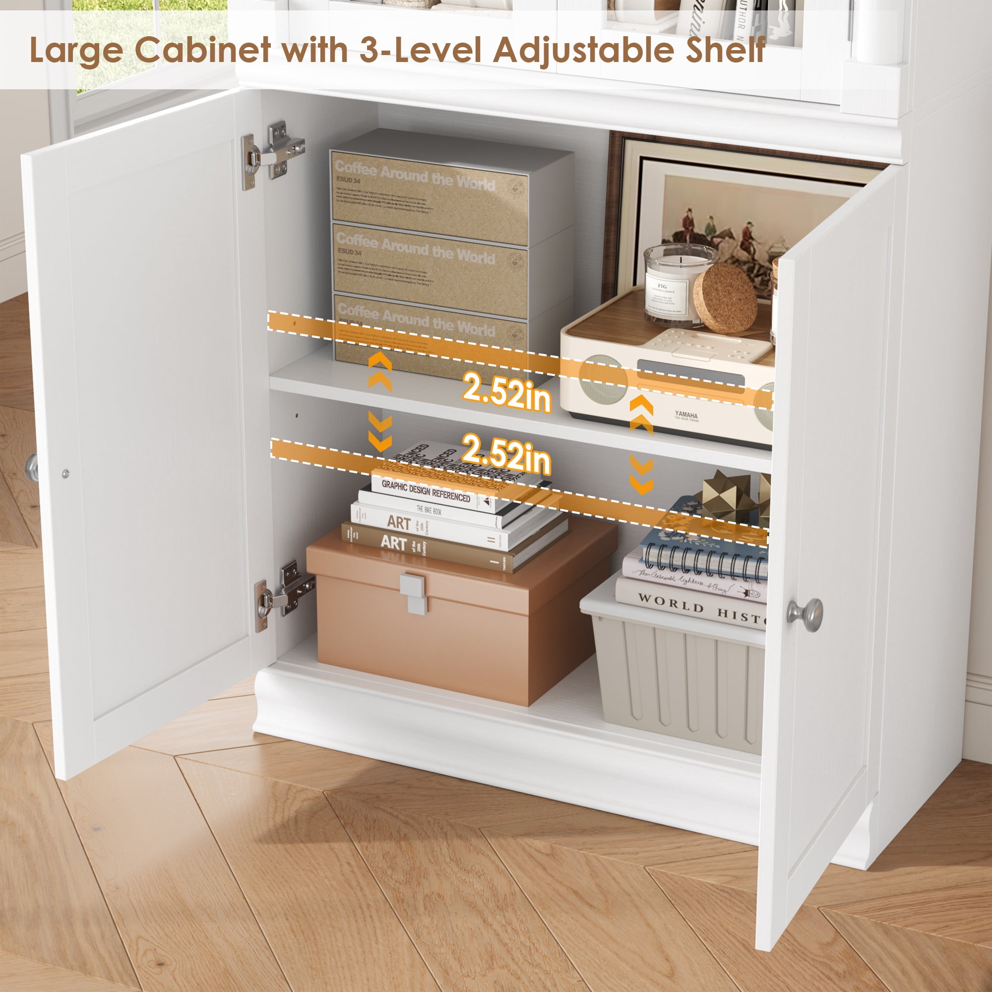 Homfa 71"H Bookcase with Glass Doors, 5 Tier Storage Bookshelf with Adjustable Shelf for Study Home Office, White
