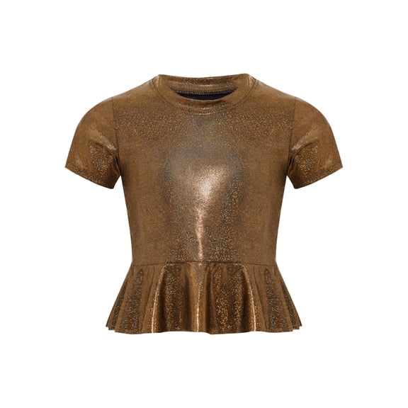 inlzdz Kids Girls Metallic Ruffle Hem Crop Top Short Sleeve Round Neck Tee Shirt Rave Festival Jazz Dance Top Black Gold 150