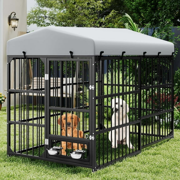 Uforic Outdoor Dog Kennel with Roof,Heavy Duty Dog Cage with Rotating Feeder Bowls, Large Dog Enclosure,8'L x 4'W x 5.4'H