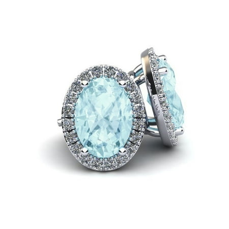 1 Carat Oval Shape Aquamarine and Halo Diamond Stud Earrings In 10 Karat White Gold