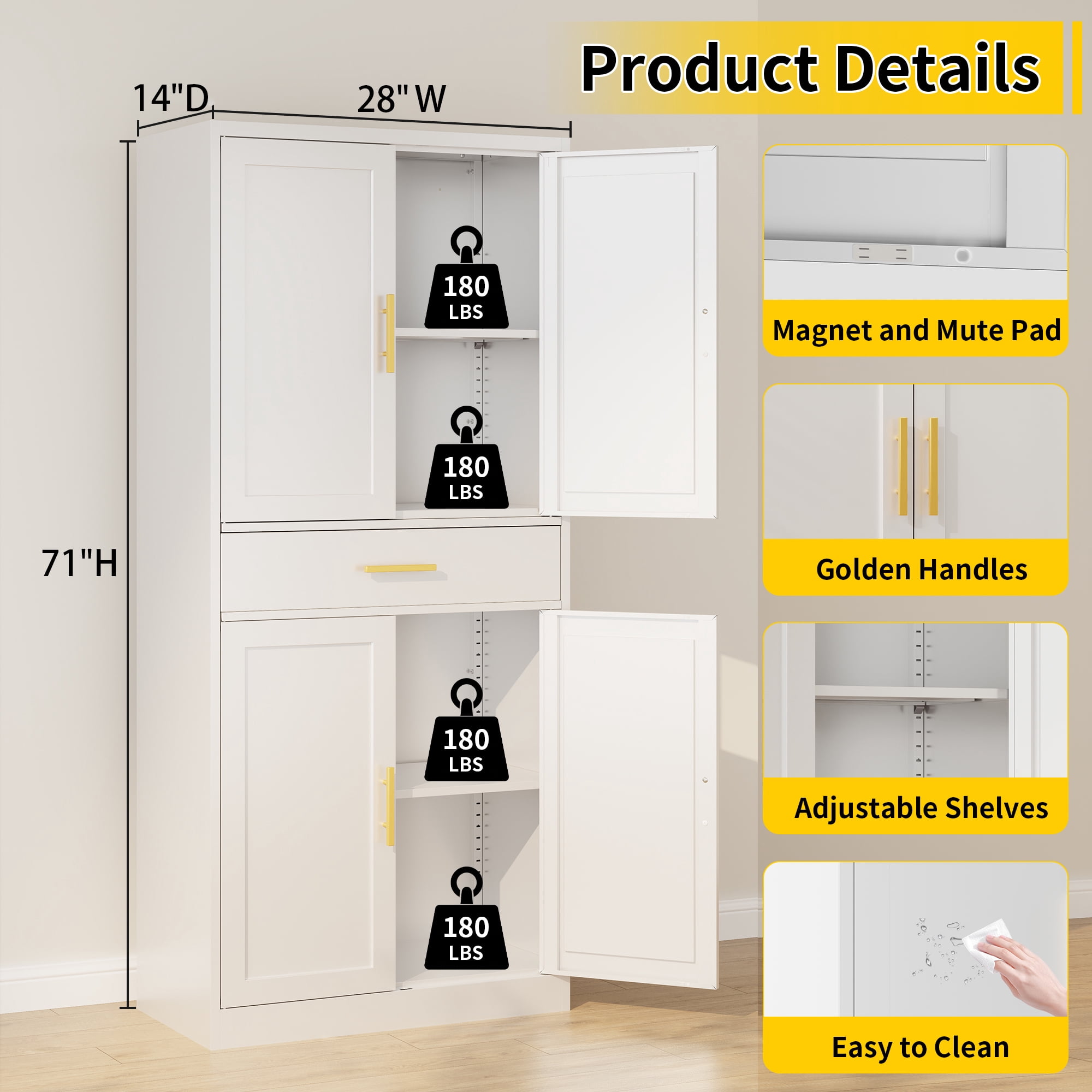 Metal Kitchen Pantry Cabinet, 71" Tall Cabinet with 1 Drawer, Doors and 2 Adjustable Shelves, Pantry Cabinets for Kitchen Storage, Metal Storage Cabinet for Kitchen, Dining Room-White