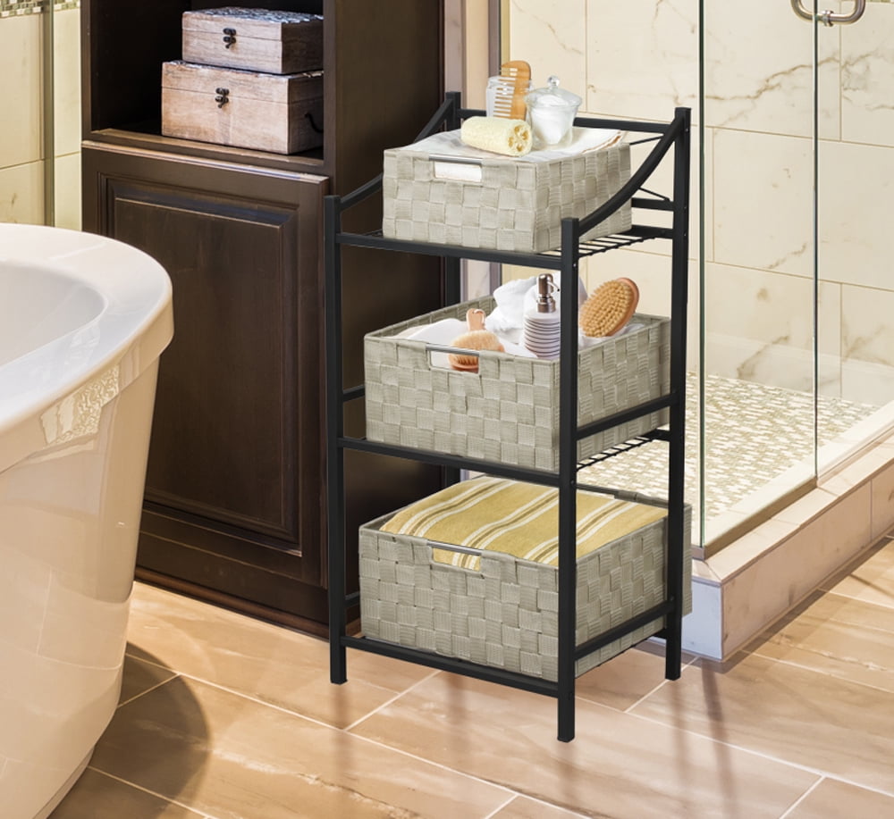 Sorbus Storage Box Woven Basket Bin Container Tote Cube Organizer Set Stackable Storage Basket Woven Strap Shelf Organizer Built-In Carry Handles (Woven Basket Set - 3 Piece, Beige)