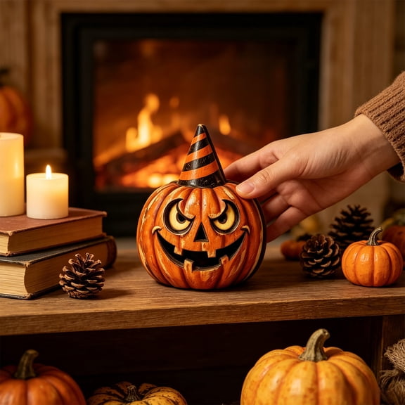 ShaoXinWan Wooden Pumpkin Figurine with Striped Party Hat, Vintage Hand Carved Halloween Tabletop Decor Statue for Home Shelf Mantel Display