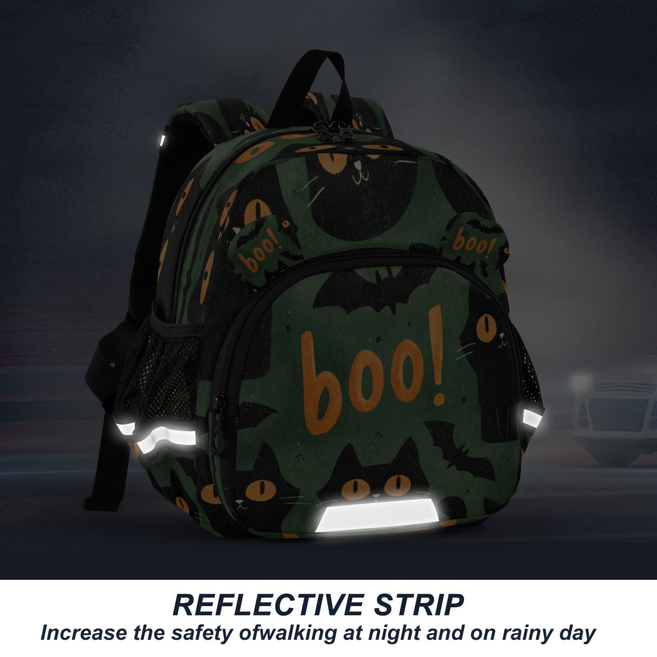 RMDQTR Adorable Ear-Print Backpack with Reflective Strip and Anti-Lost Leash Adjustable Shoulder Straps Mini Travel Backpack Black Cats with Orange Eyes