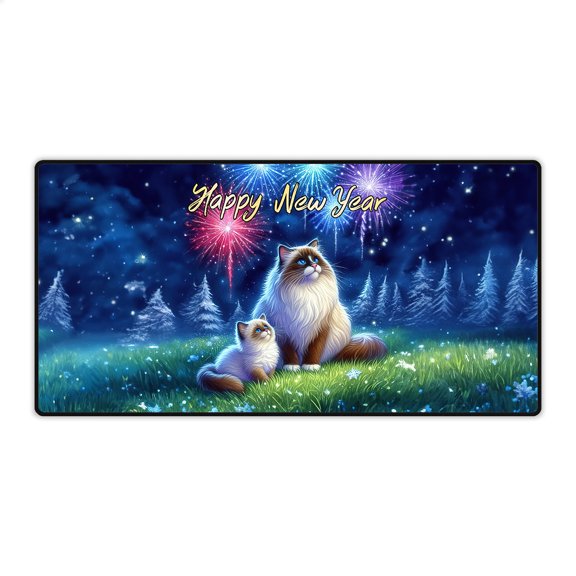 Happy New Year Ragdoll Family Cheer Winter Midnight Firework Desk Mat Full Keyboard Mouse Pad Cat Lover Kitten Owner Gifts Idea Large Mousepad - 02025