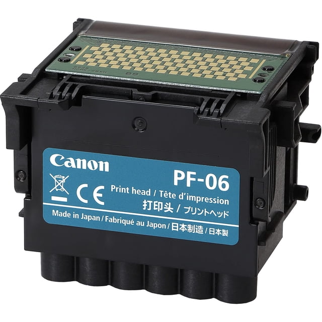 cabezal de impresión canon pf-06 para imageprograf ta-20 ta-30 con soporte, módulo frontal negro con etiqueta azul 'Canon PF-06', matriz de contactos dorados en la parte superior y boquillas de tinta en la base; compatible con series imagePROGRAF TA, TX y TM.