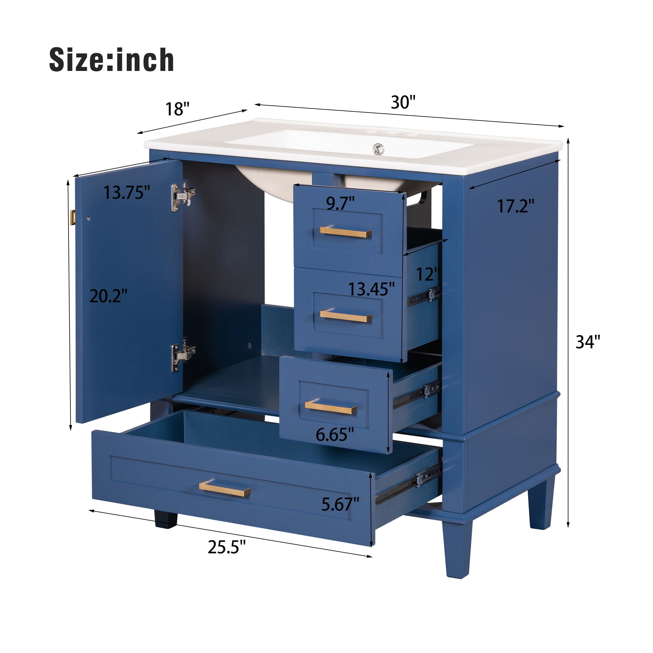 Nyveth Modern Bathroom Vanity with Ceramic Sink, Shelves, Drawers, Wood, Blue