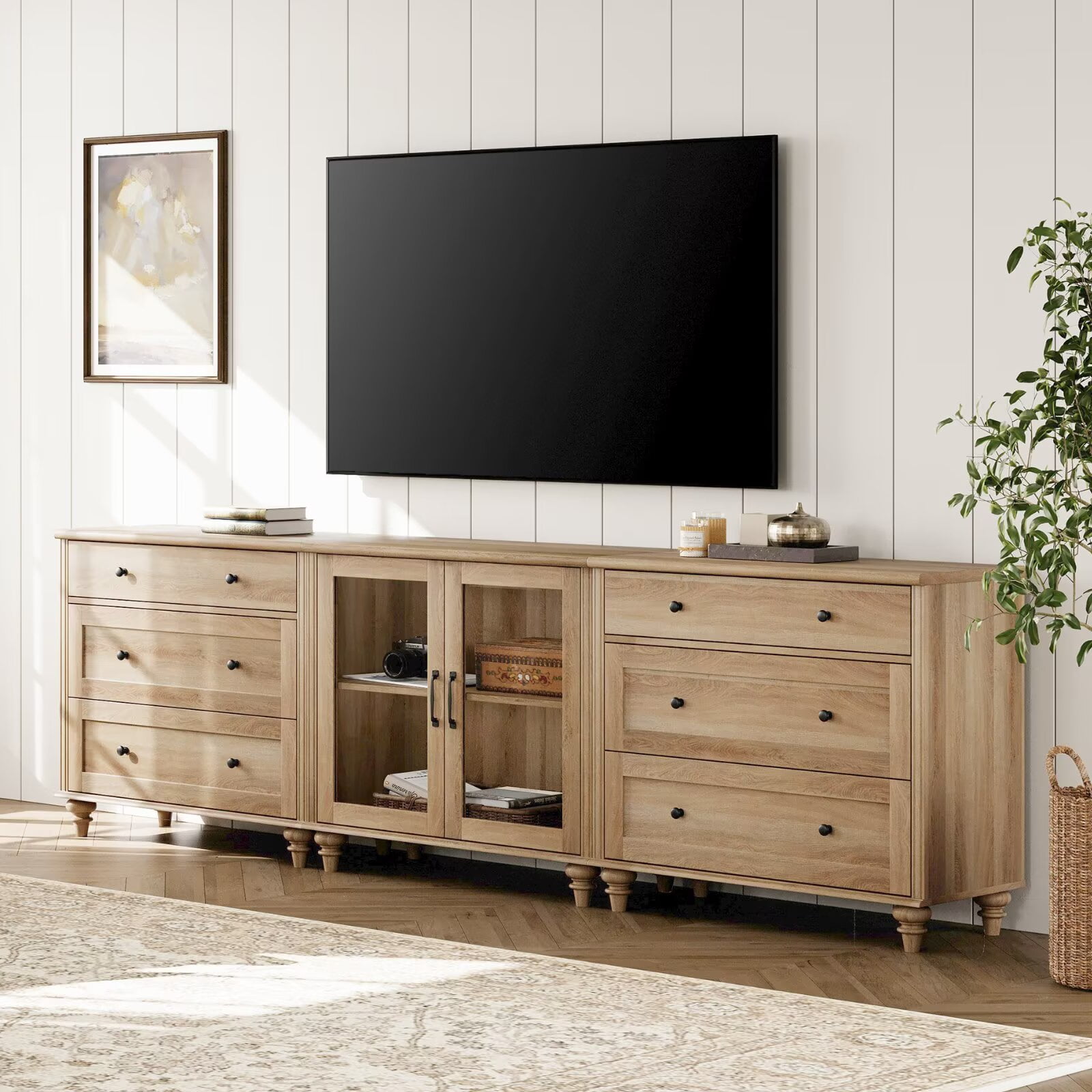 Farmhouse TV Stand, 3-in-1 TV Console Table for 75/80/85/90-Inch TVs, Entertainment Center with Drawer & Glass Door, Oak