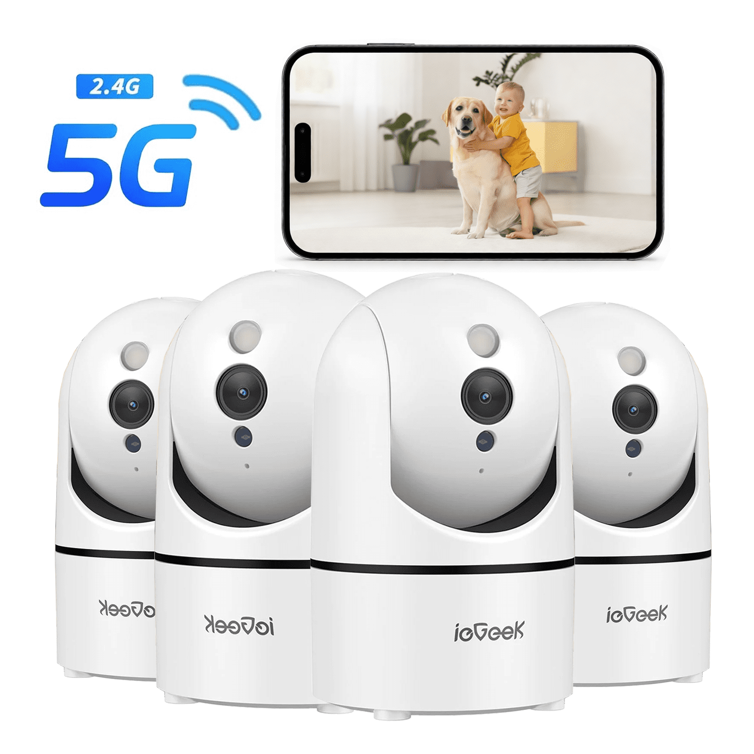 (4 pack) ieGeek 2.5K 5G/2.4GHz WiFi Pet Dog Camera with Phone App, Indoor Security Camera with 360° Ptz , IR Night Vision, Motion Detection, Two-Way Audio, Compatible with Alexa